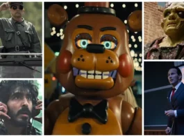 Póster con collage de películas de terror de otoño 2025: El Vengador Tóxico, El Conjuro, Frankenstein.