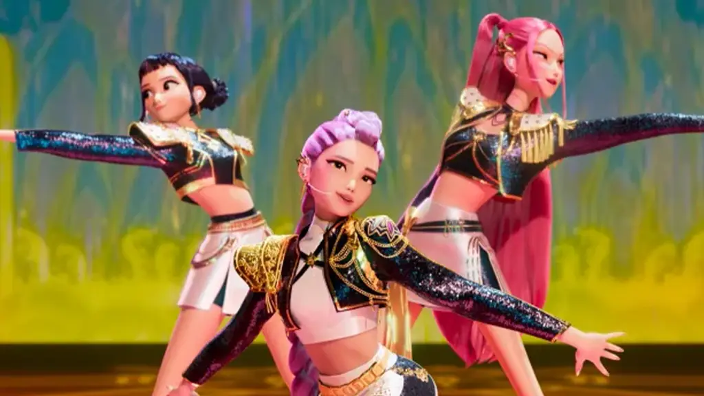 Afiche de la película de Netflix KPop Demon Hunters con los personajes principales del grupo femenino de K-Pop y el título en la parte superior.