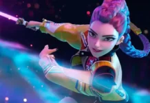 Personaje animado femenino con pelo morado y azul trenzado, chaqueta amarilla y blanca, sosteniendo una espada láser morada en un fondo espacial colorido.