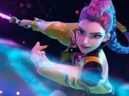 Personaje animado femenino con pelo morado y azul trenzado, chaqueta amarilla y blanca, sosteniendo una espada láser morada en un fondo espacial colorido.