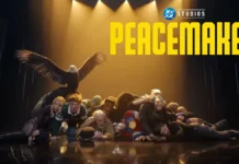 El elenco de Peacemaker bailando en la secuencia de apertura de la Temporada 2, con Eagly volando sobre ellos y el logo de Peacemaker.