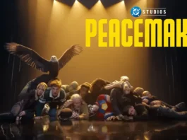 El elenco de Peacemaker bailando en la secuencia de apertura de la Temporada 2, con Eagly volando sobre ellos y el logo de Peacemaker.