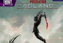 Depredador salta con hoja roja brillante hacia una criatura mecánica.