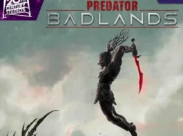 Depredador salta con hoja roja brillante hacia una criatura mecánica.